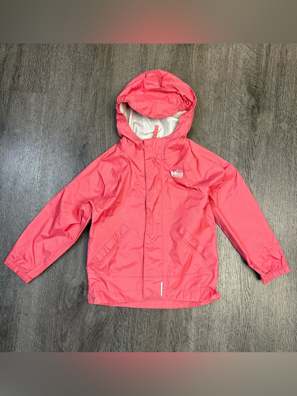 REI Co-op Rainier Rain Jacket Kids 3T Pink Full Zip Hooded Reflective Strips